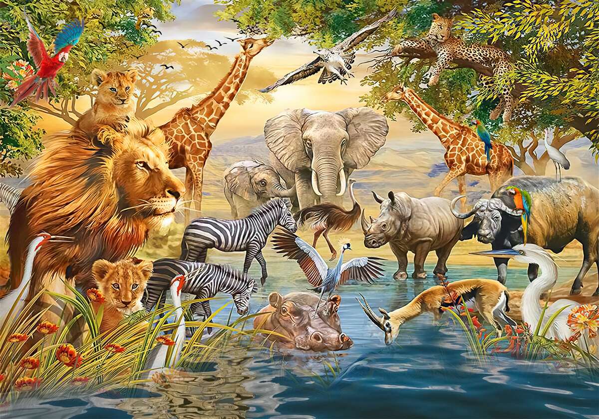 Fotobehang afrikaanse dieren bij de vijver