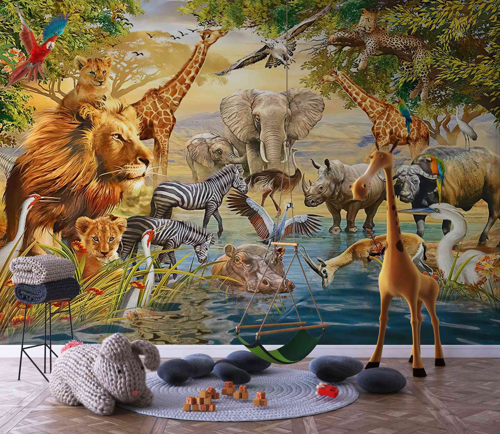 Fotobehang afrikaanse dieren bij de vijver