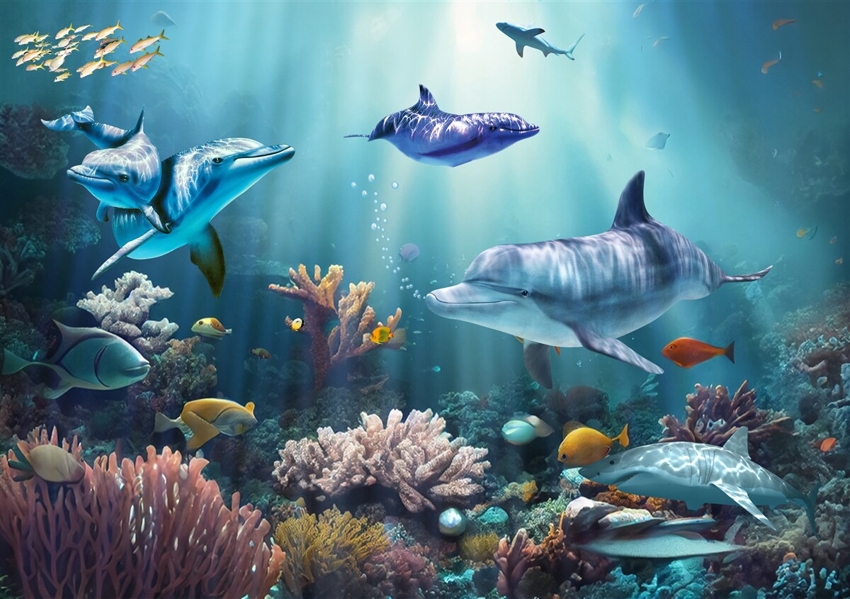 Fotobehang vissen en dolfijnen zwemmen samen