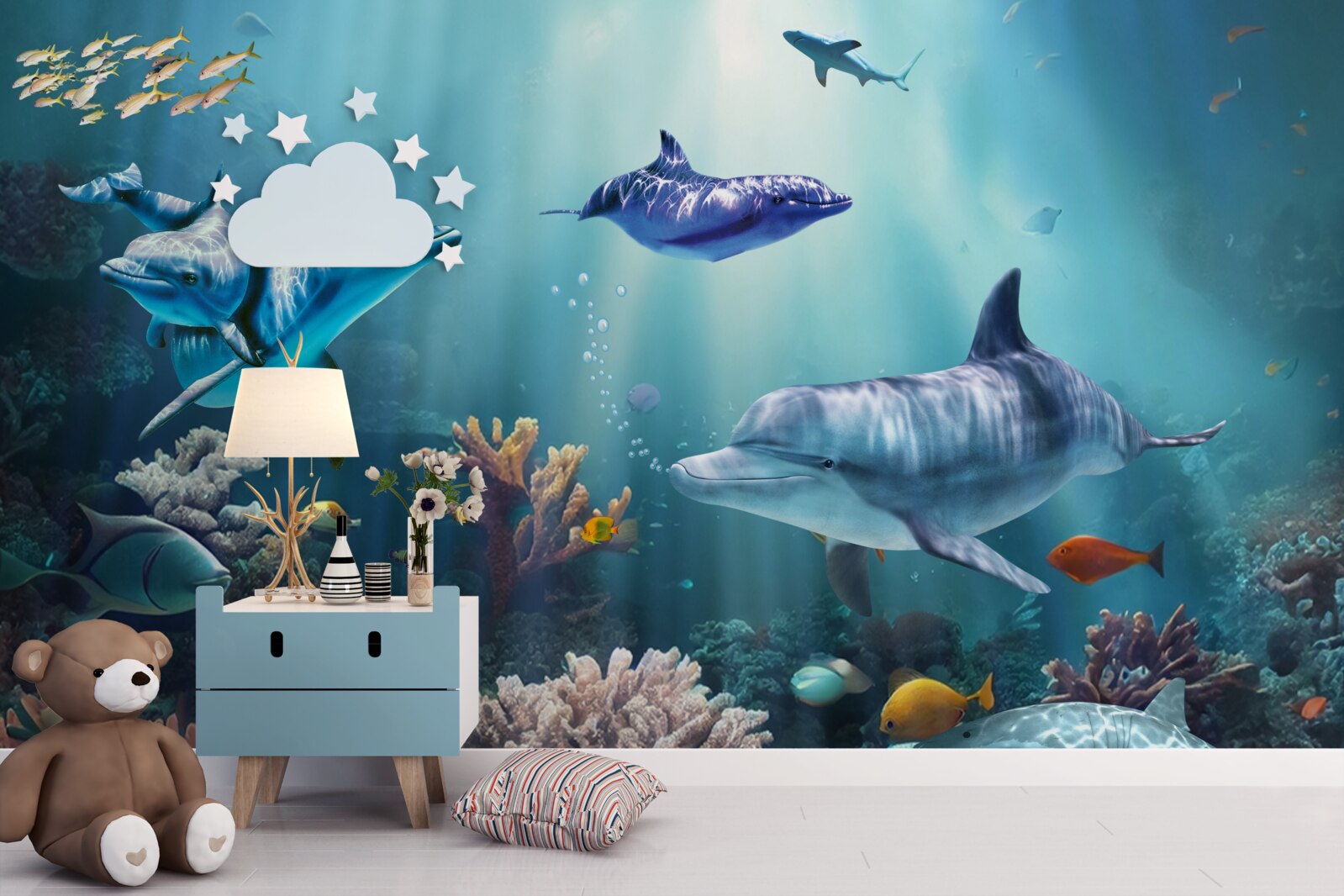 Fotobehang vissen en dolfijnen zwemmen samen