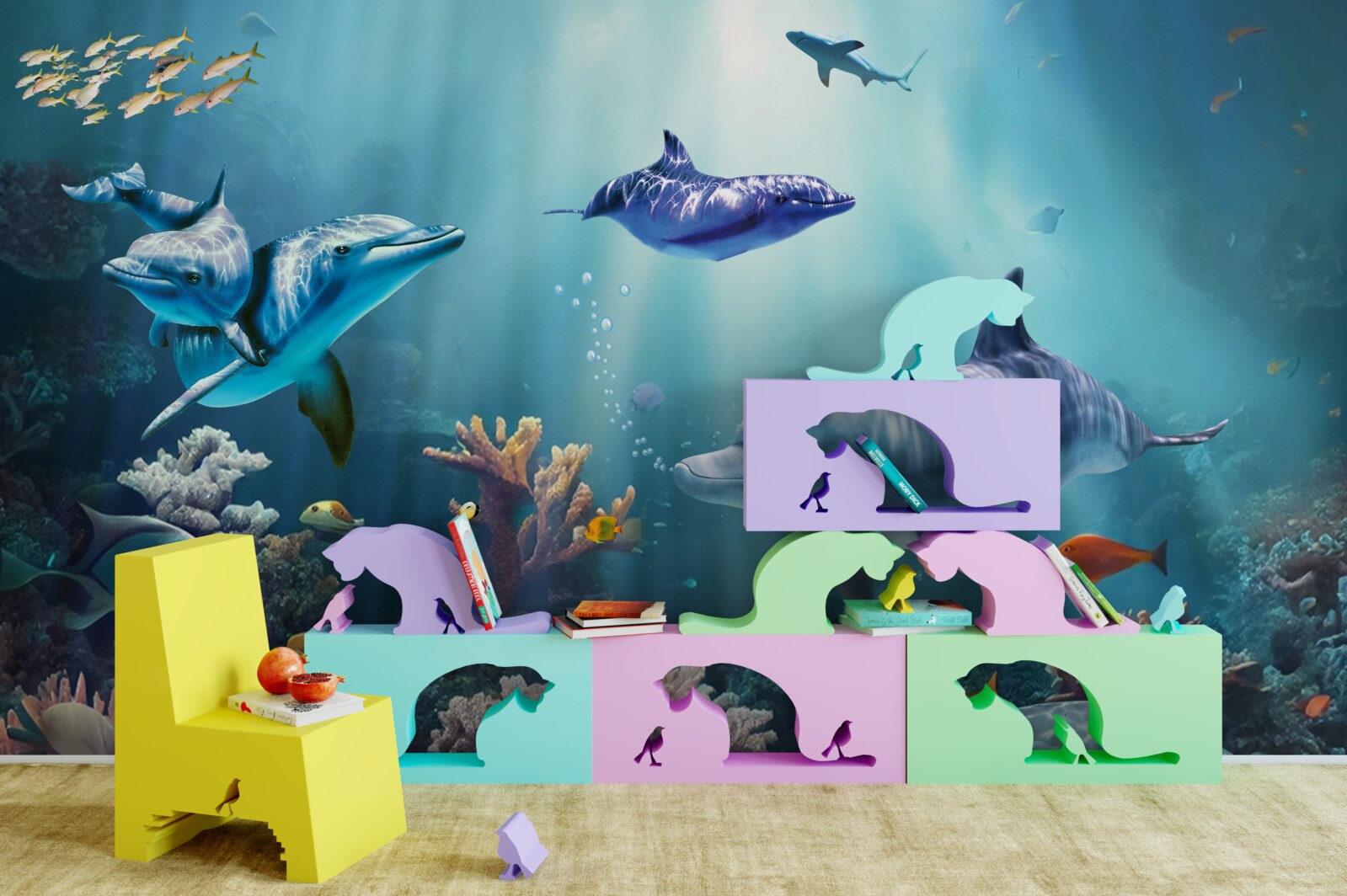 Fotobehang vissen en dolfijnen zwemmen samen