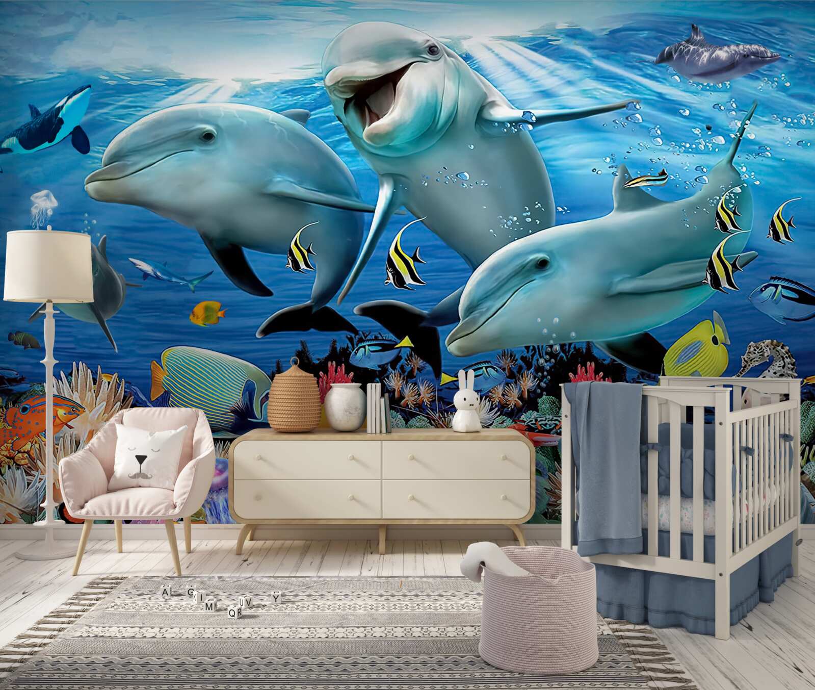 Fotobehang dolfijnen en vissen glimlachen onder water