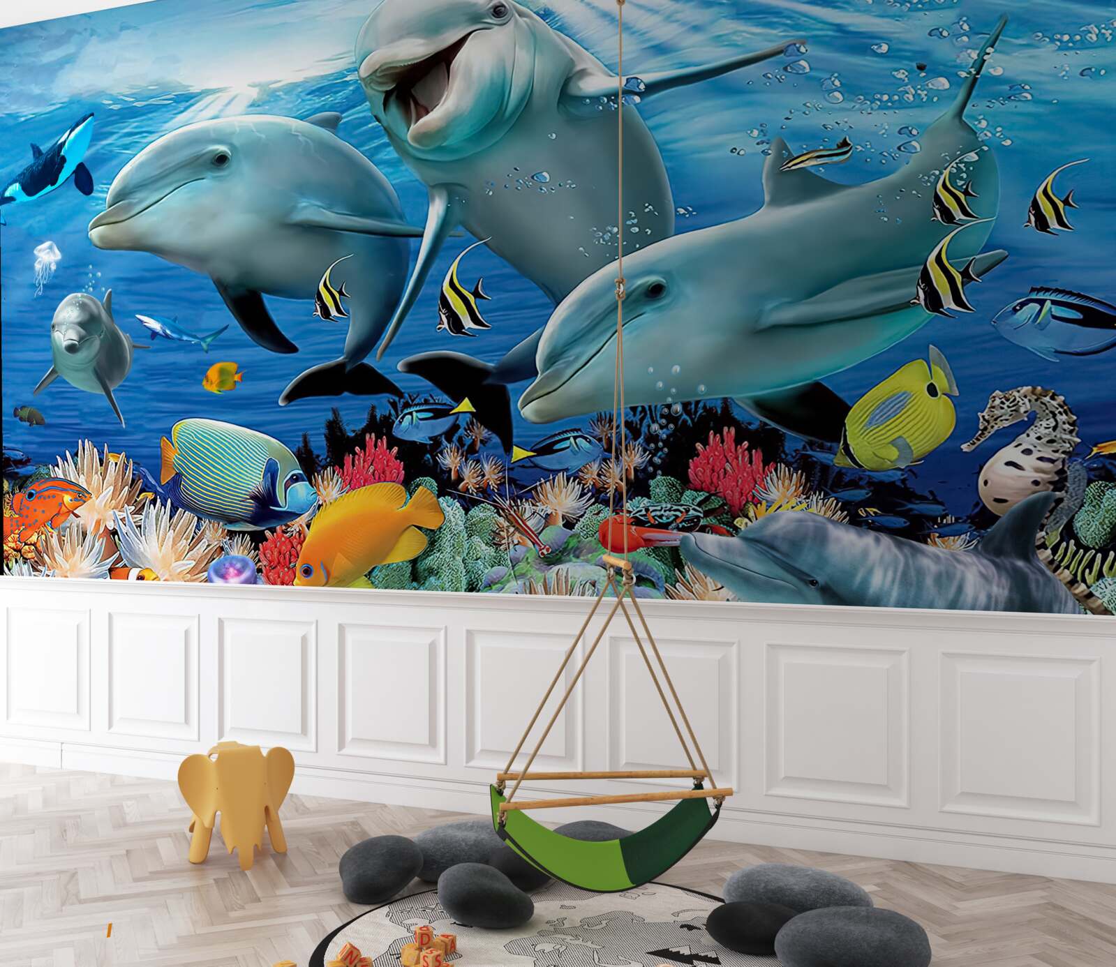 Fotobehang dolfijnen en vissen glimlachen onder water