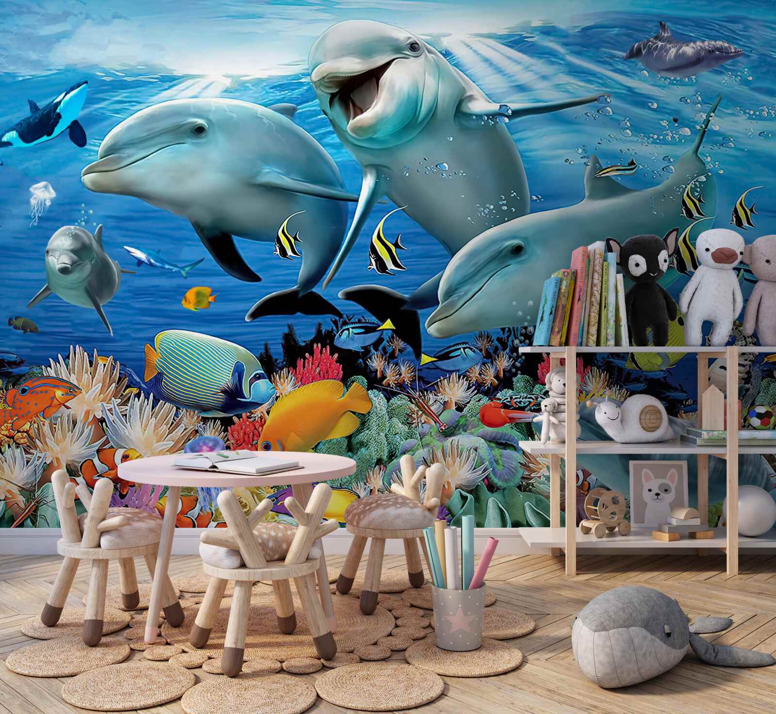 Fotobehang dolfijnen en vissen glimlachen onder water