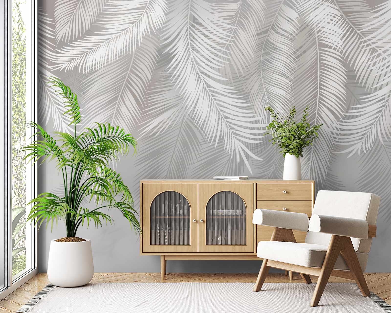 Fotobehang de bladeren, wit en helder, lijken op veren