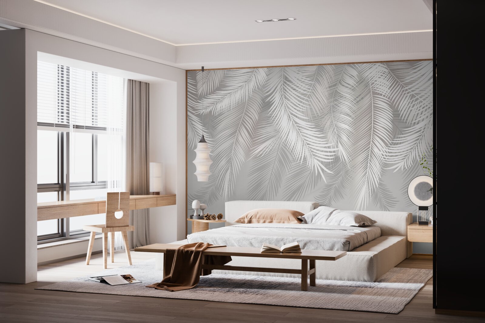 Fotobehang de bladeren, wit en helder, lijken op veren