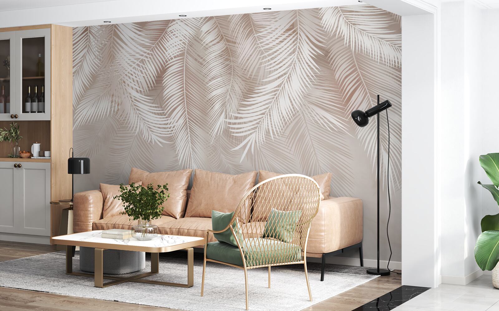 Fotobehang veren in roze en lichte tinten