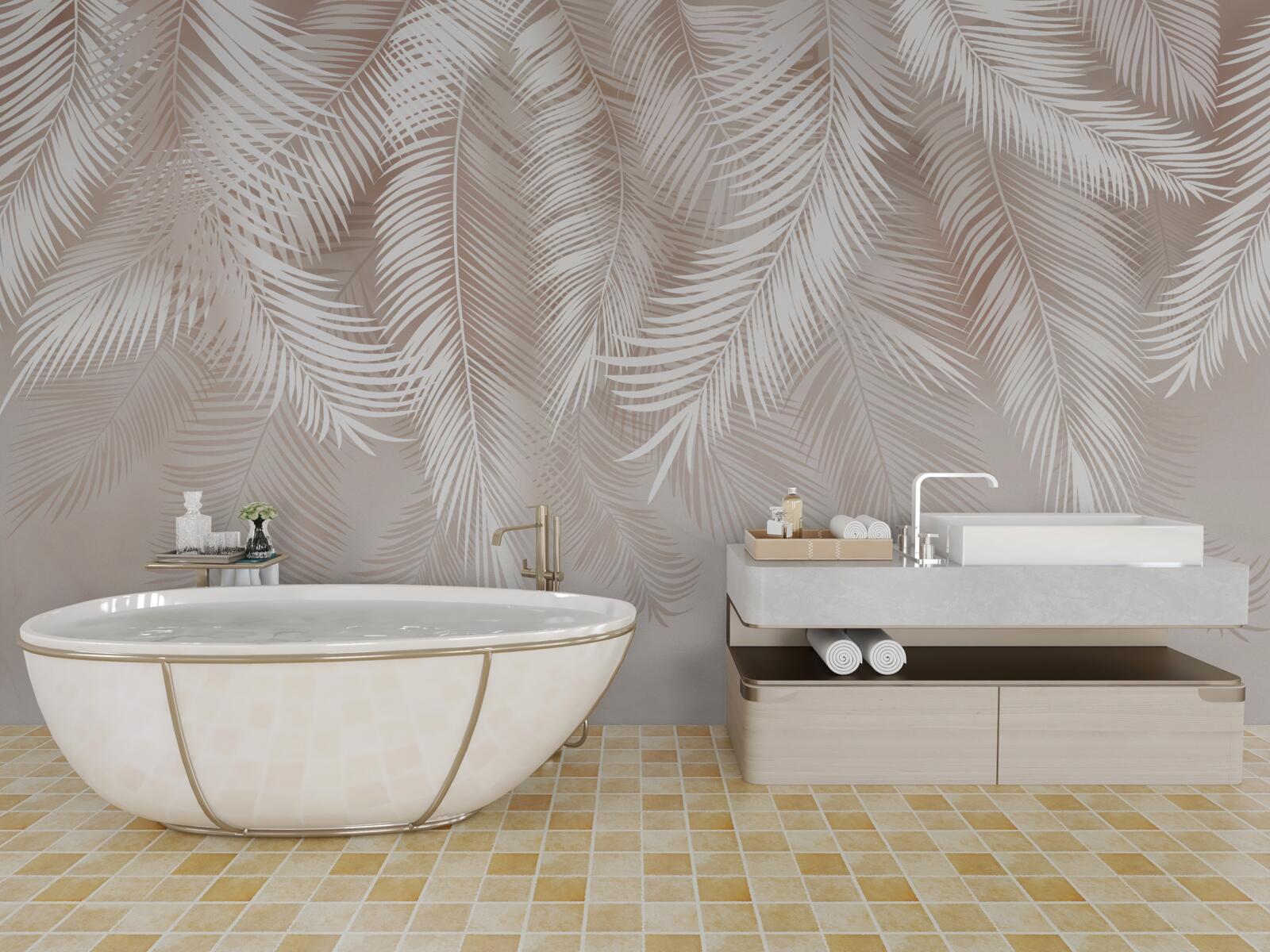 Fotobehang veren in roze en lichte tinten