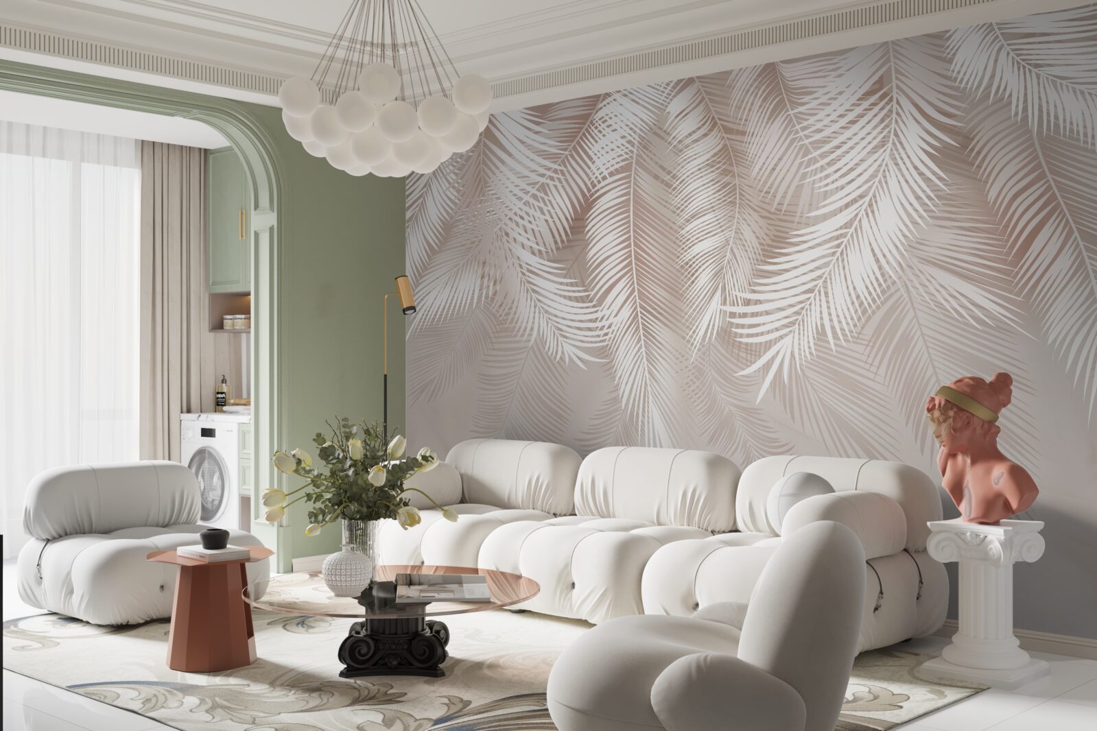 Fotobehang veren in roze en lichte tinten