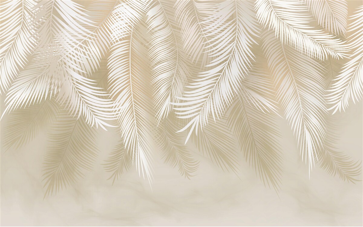 Fotobehang de palmbladeren zijn wit tegen een beige achtergrond