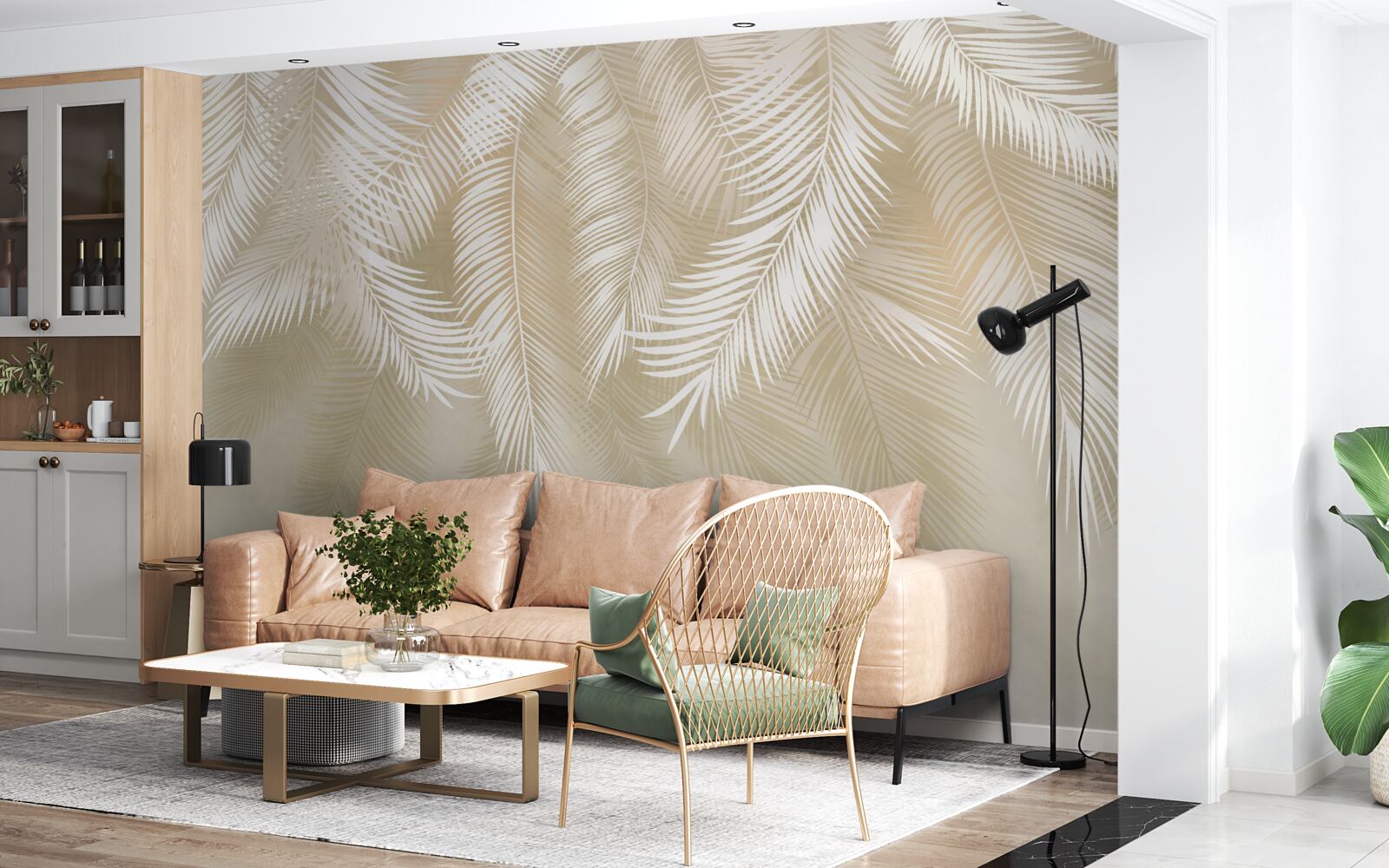 Fotobehang de palmbladeren zijn wit tegen een beige achtergrond