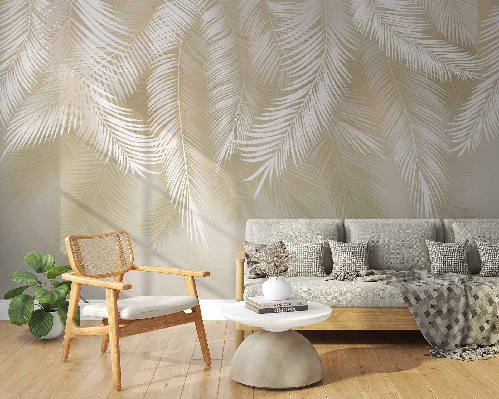 Fotobehang de palmbladeren zijn wit tegen een beige achtergrond