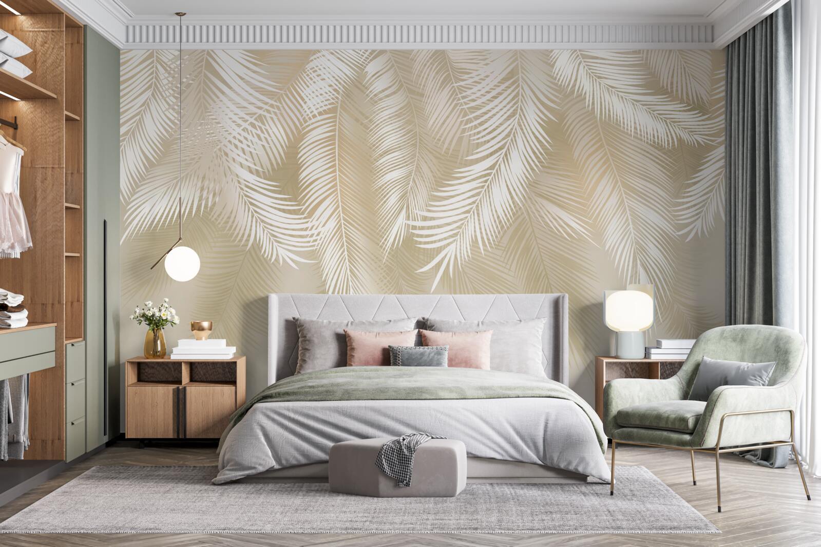 Fotobehang de palmbladeren zijn wit tegen een beige achtergrond