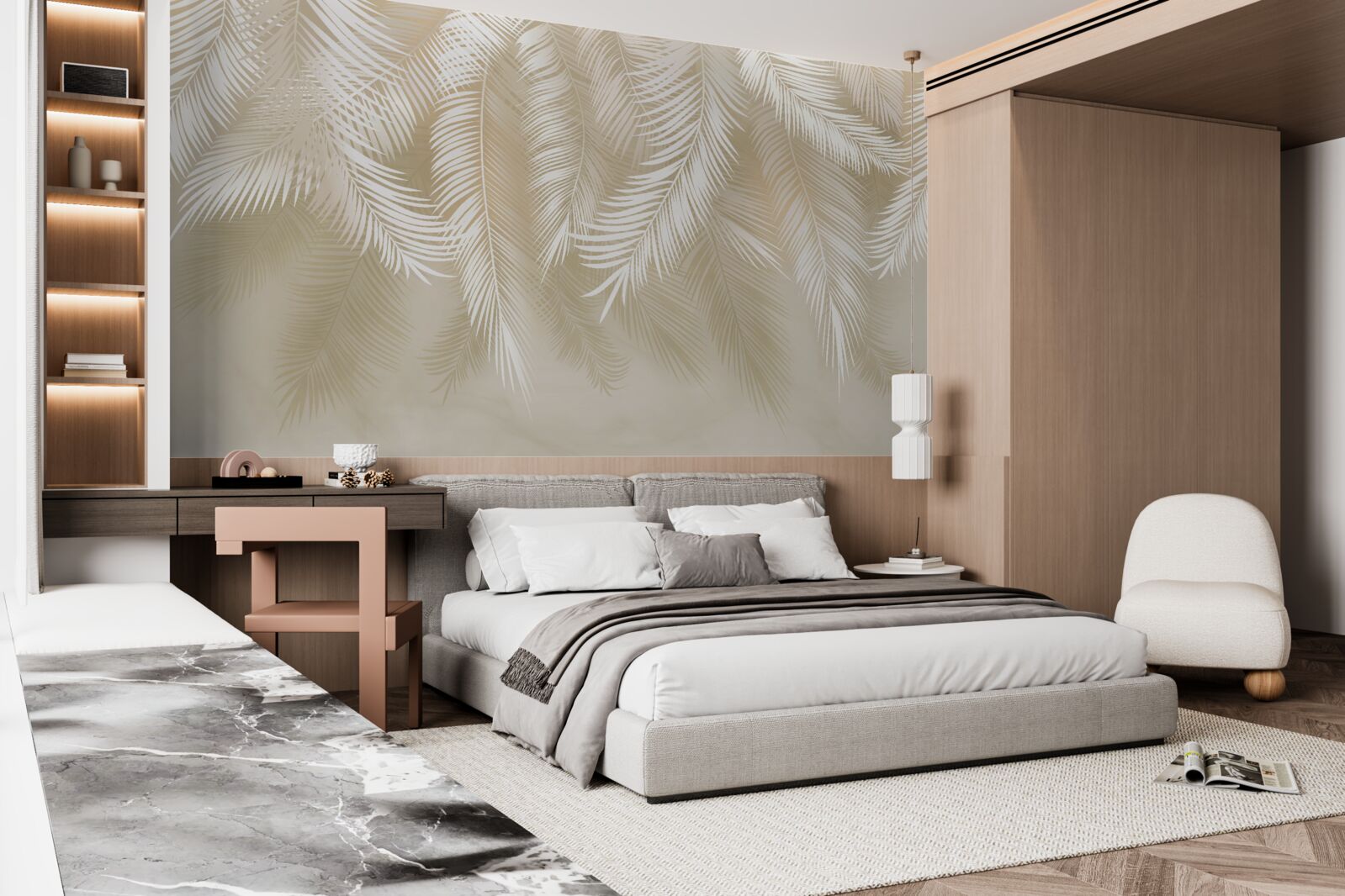 Fotobehang de palmbladeren zijn wit tegen een beige achtergrond