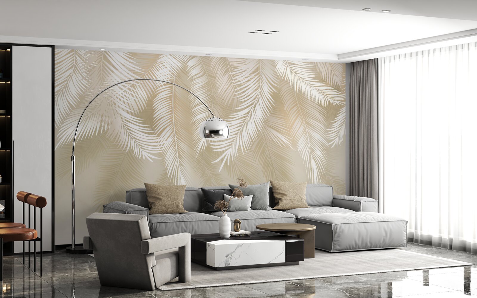 Fotobehang de palmbladeren zijn wit tegen een beige achtergrond