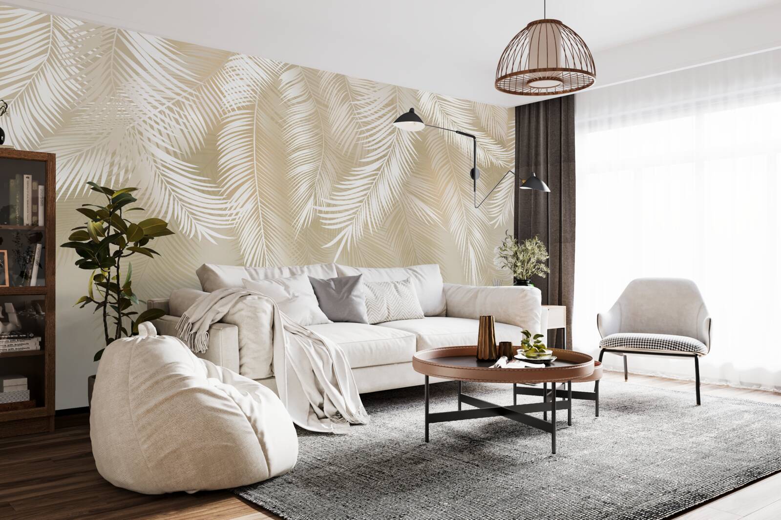 Fotobehang de palmbladeren zijn wit tegen een beige achtergrond