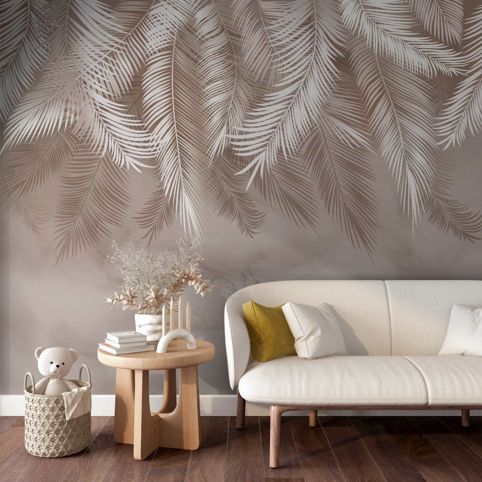 Fotobehang overhangende palmbladeren werden bestrooid met witte