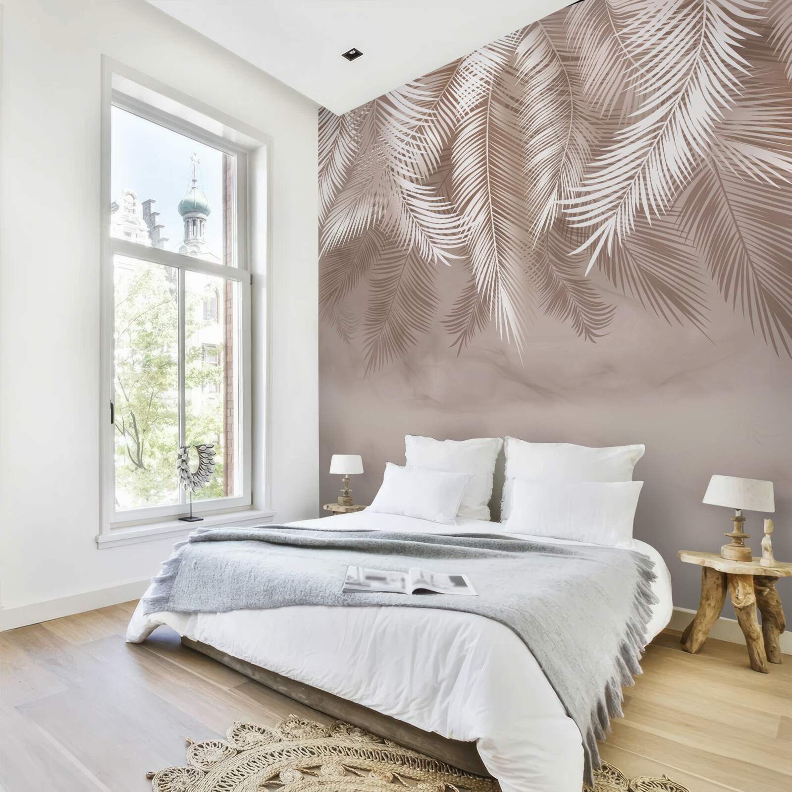 Fotobehang overhangende palmbladeren werden bestrooid met witte