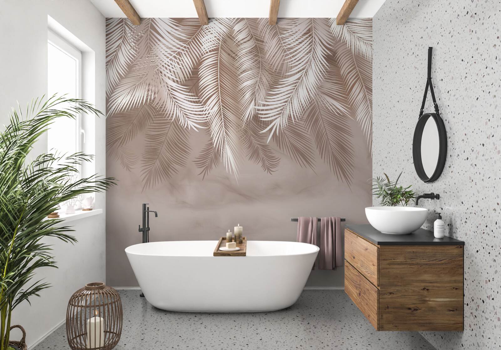 Fotobehang overhangende palmbladeren werden bestrooid met witte