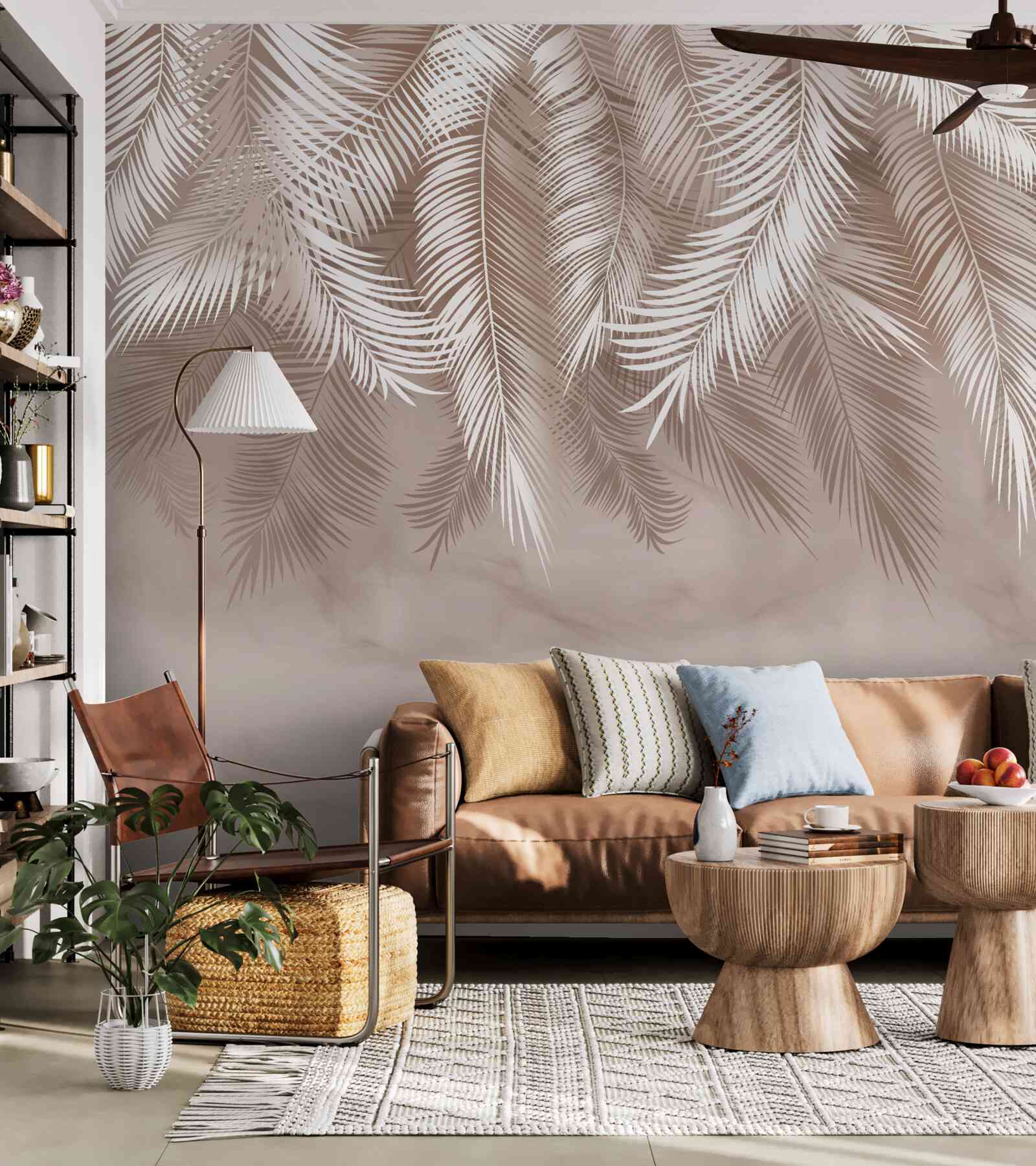 Fotobehang overhangende palmbladeren werden bestrooid met witte