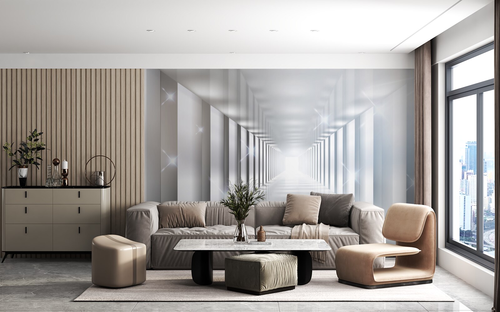 Fotobehang eindeloze tunnel die boven de stad hangt