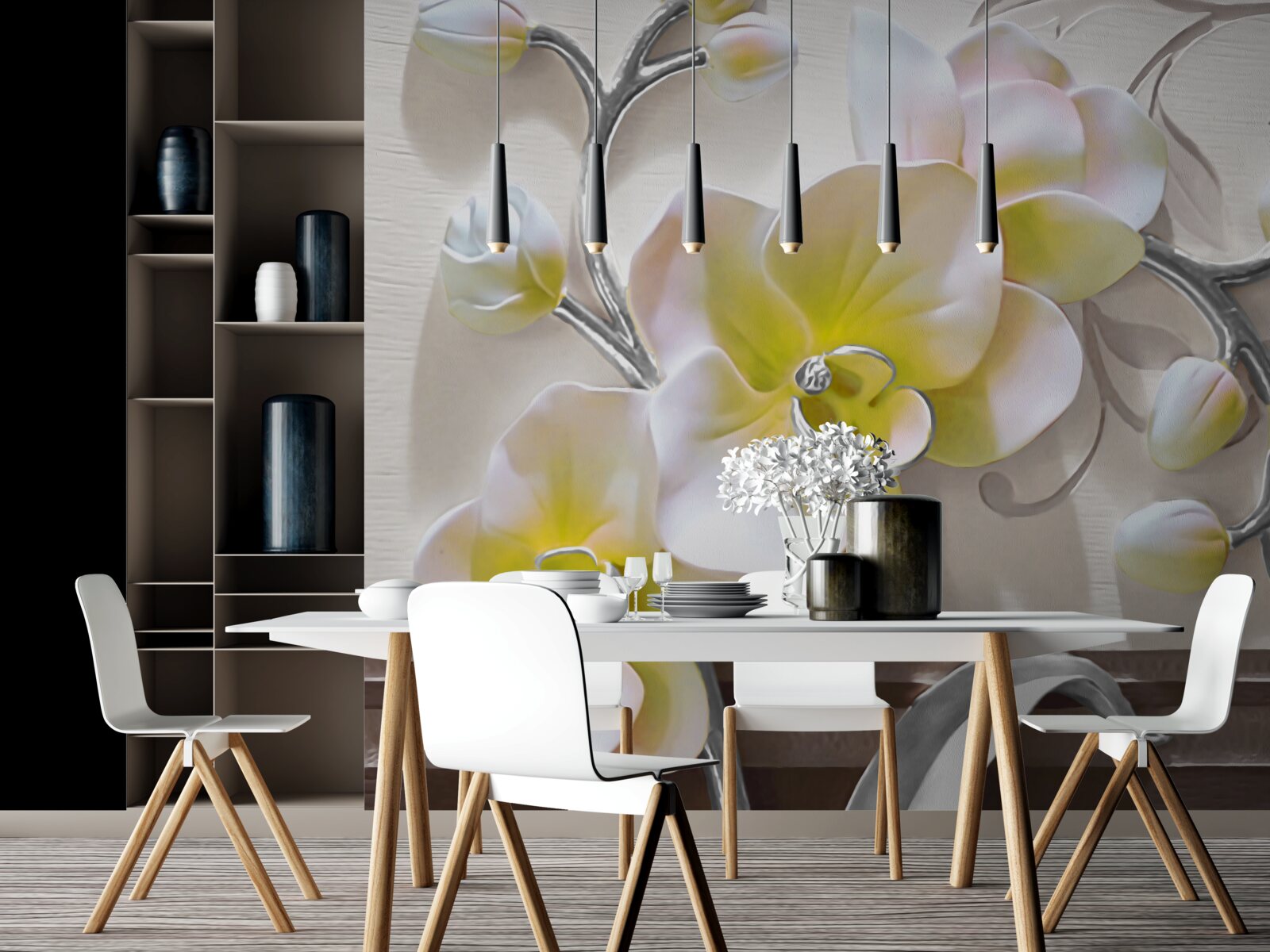 Fotobehang orchidee met een unieke witte en gele kleur