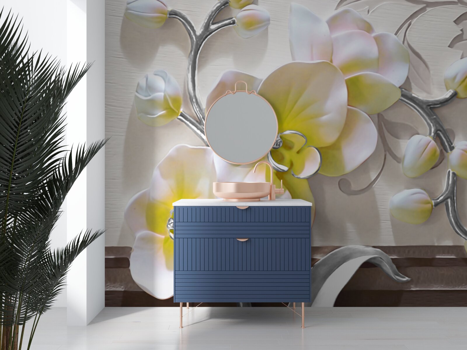 Fotobehang orchidee met een unieke witte en gele kleur