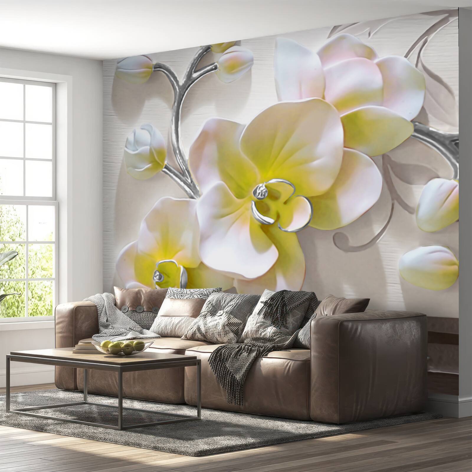 Fotobehang orchidee met een unieke witte en gele kleur