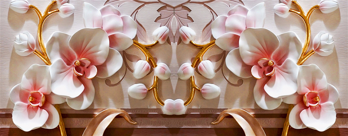 Fotobehang orchideeën met een rode kern op een witte achtergrond van bloemen