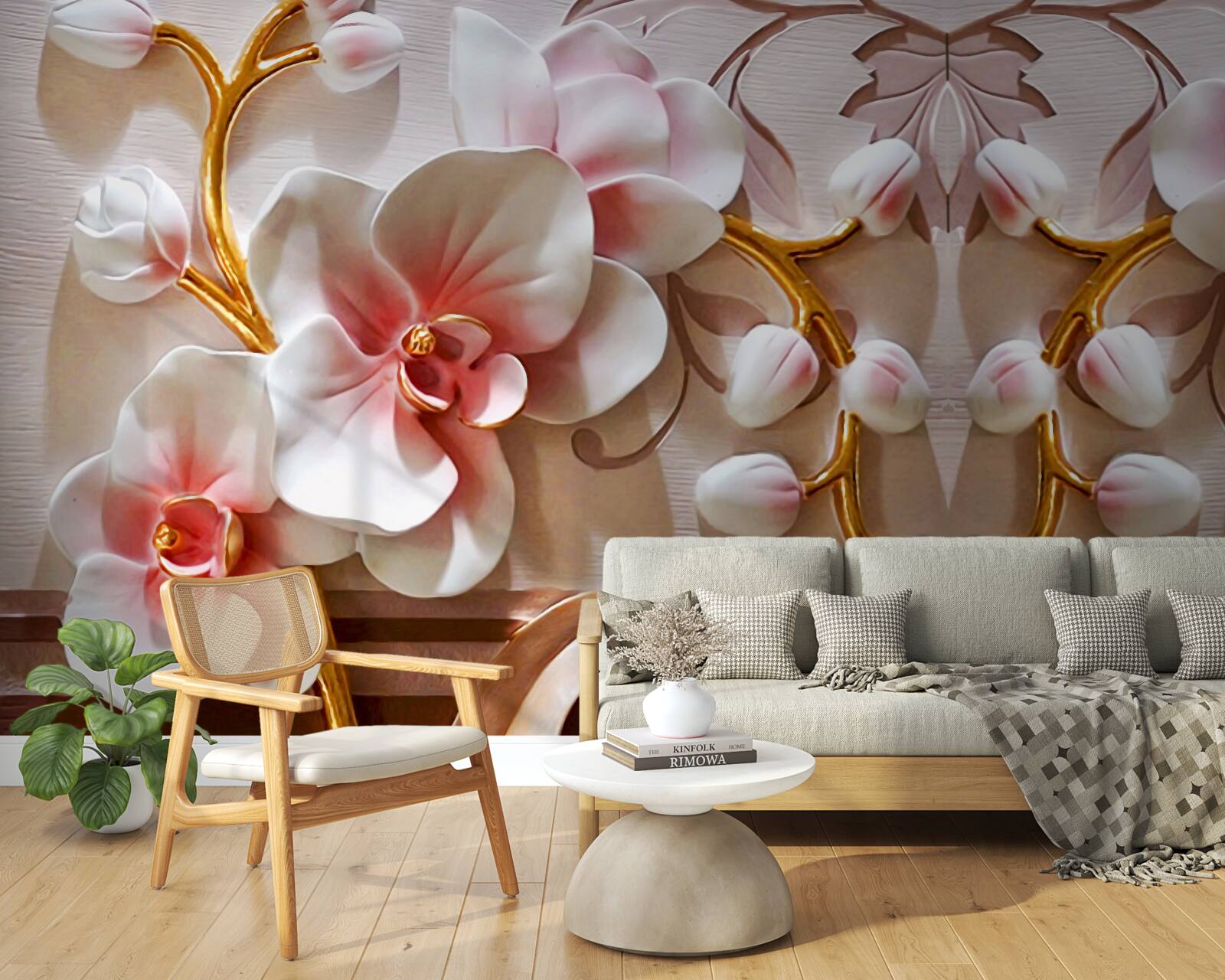 Fotobehang orchideeën met een rode kern op een witte achtergrond van bloemen