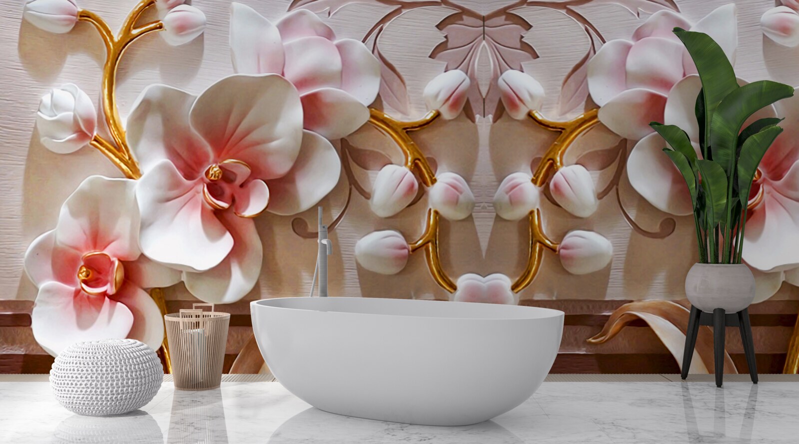 Fotobehang orchideeën met een rode kern op een witte achtergrond van bloemen