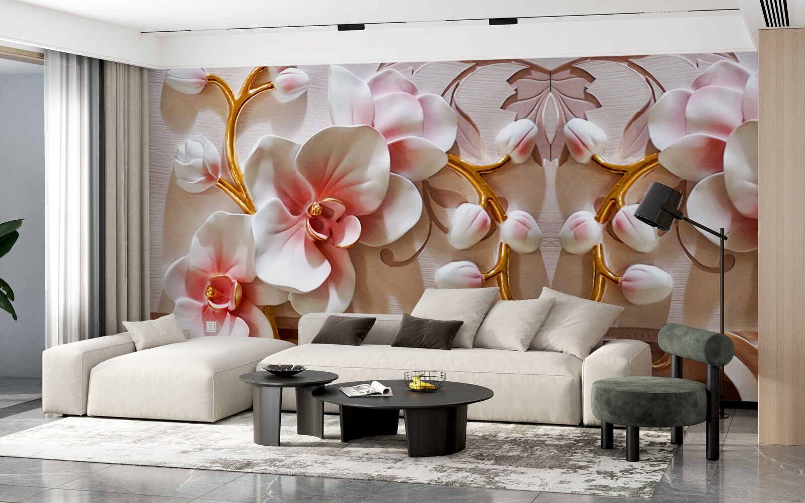 Fotobehang orchideeën met een rode kern op een witte achtergrond van bloemen