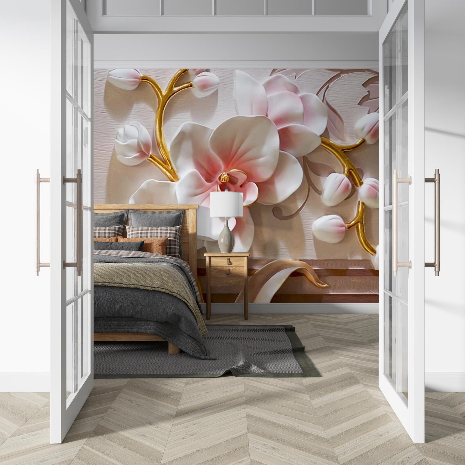 Fotobehang grote knoppen van rode en witte orchidee