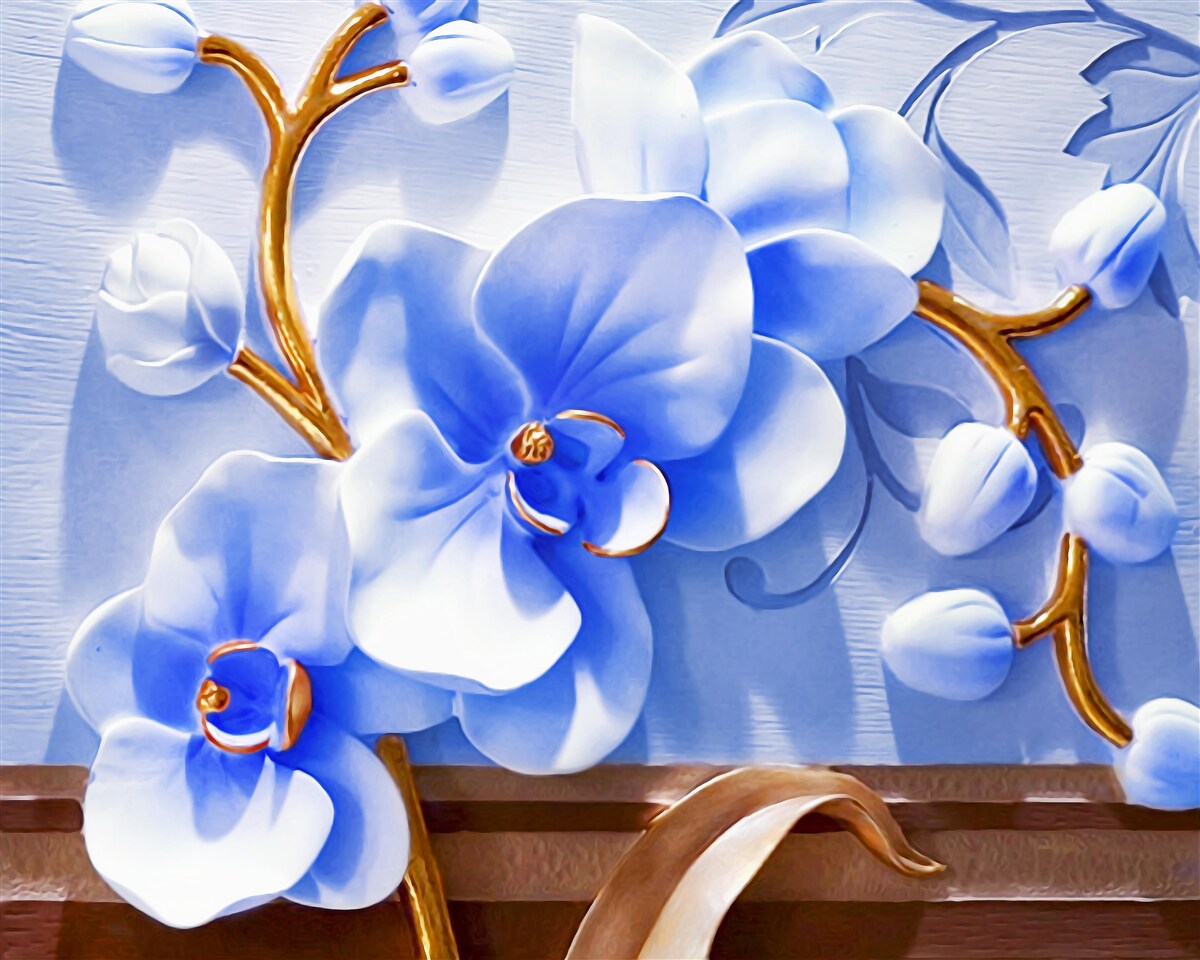 Fotobehang orchidee in hemelse kleur op takken versierd met goud