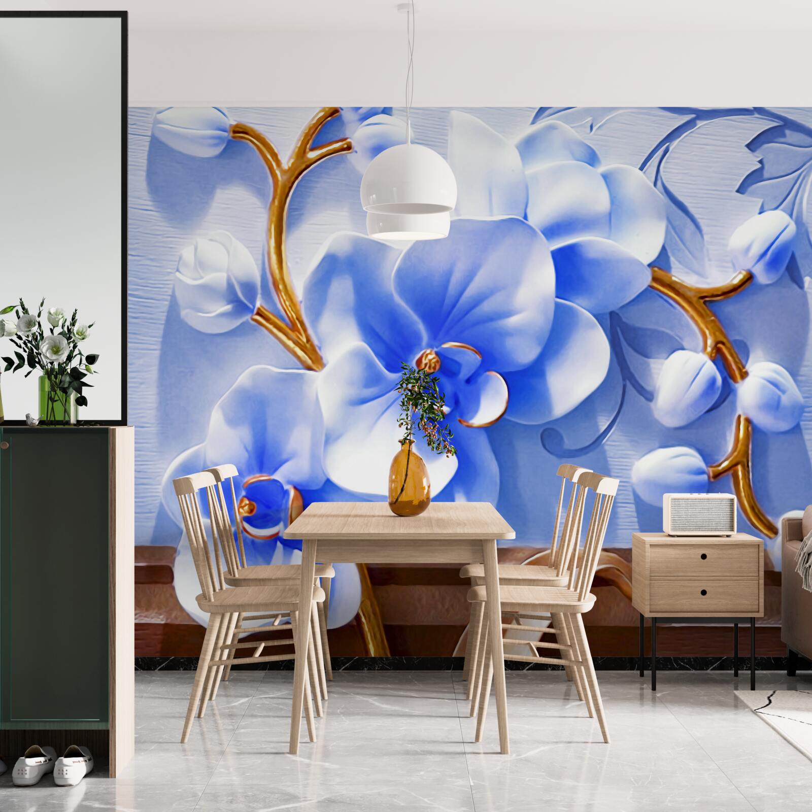 Fotobehang orchidee in hemelse kleur op takken versierd met goud