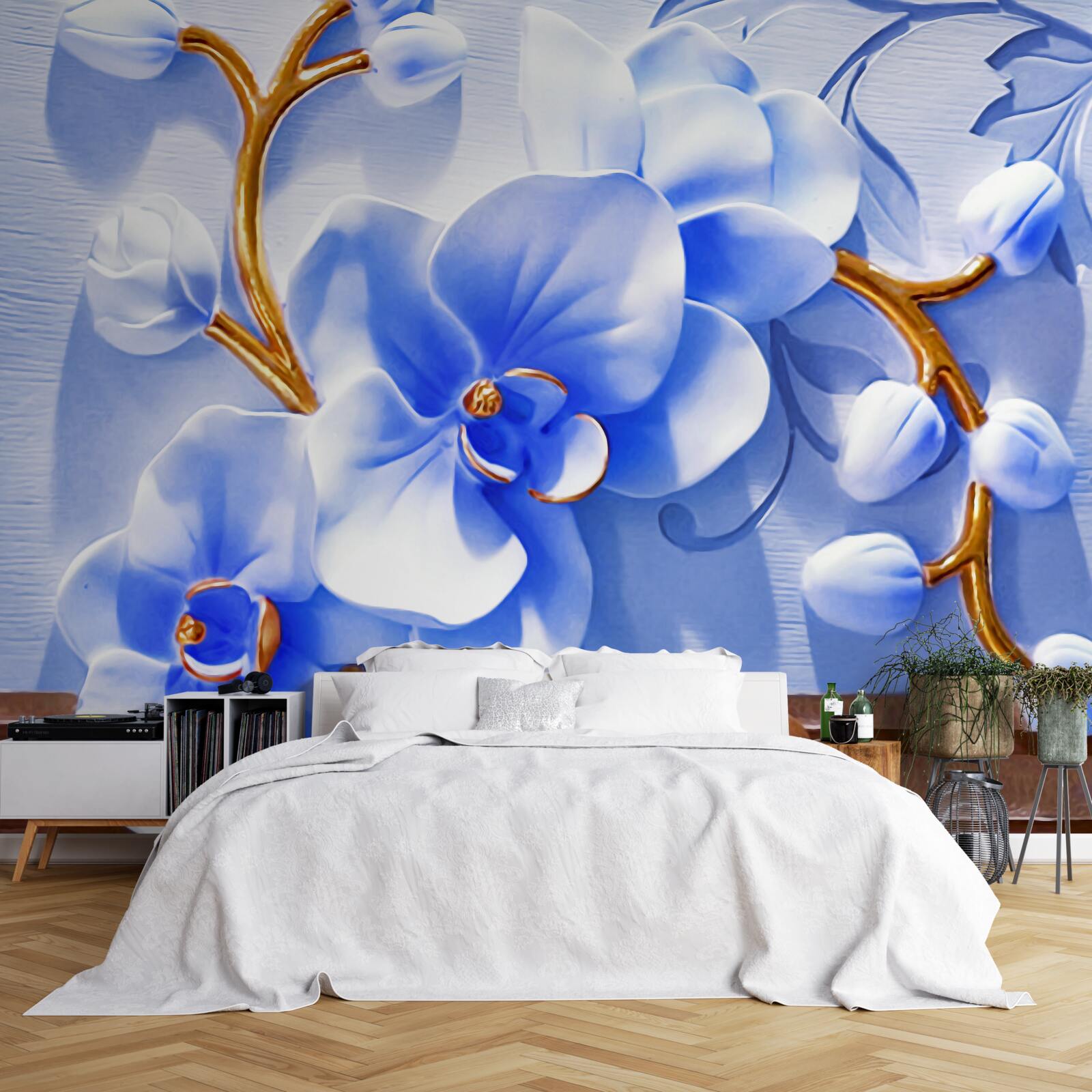 Fotobehang orchidee in hemelse kleur op takken versierd met goud