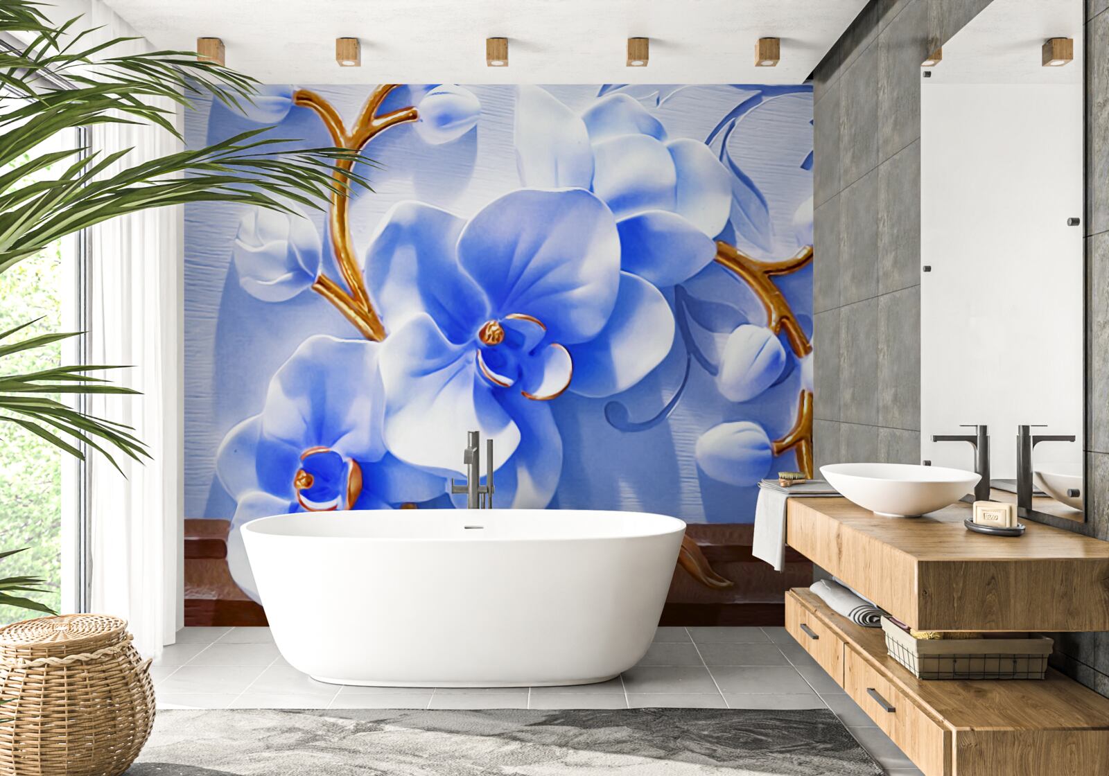 Fotobehang orchidee in hemelse kleur op takken versierd met goud