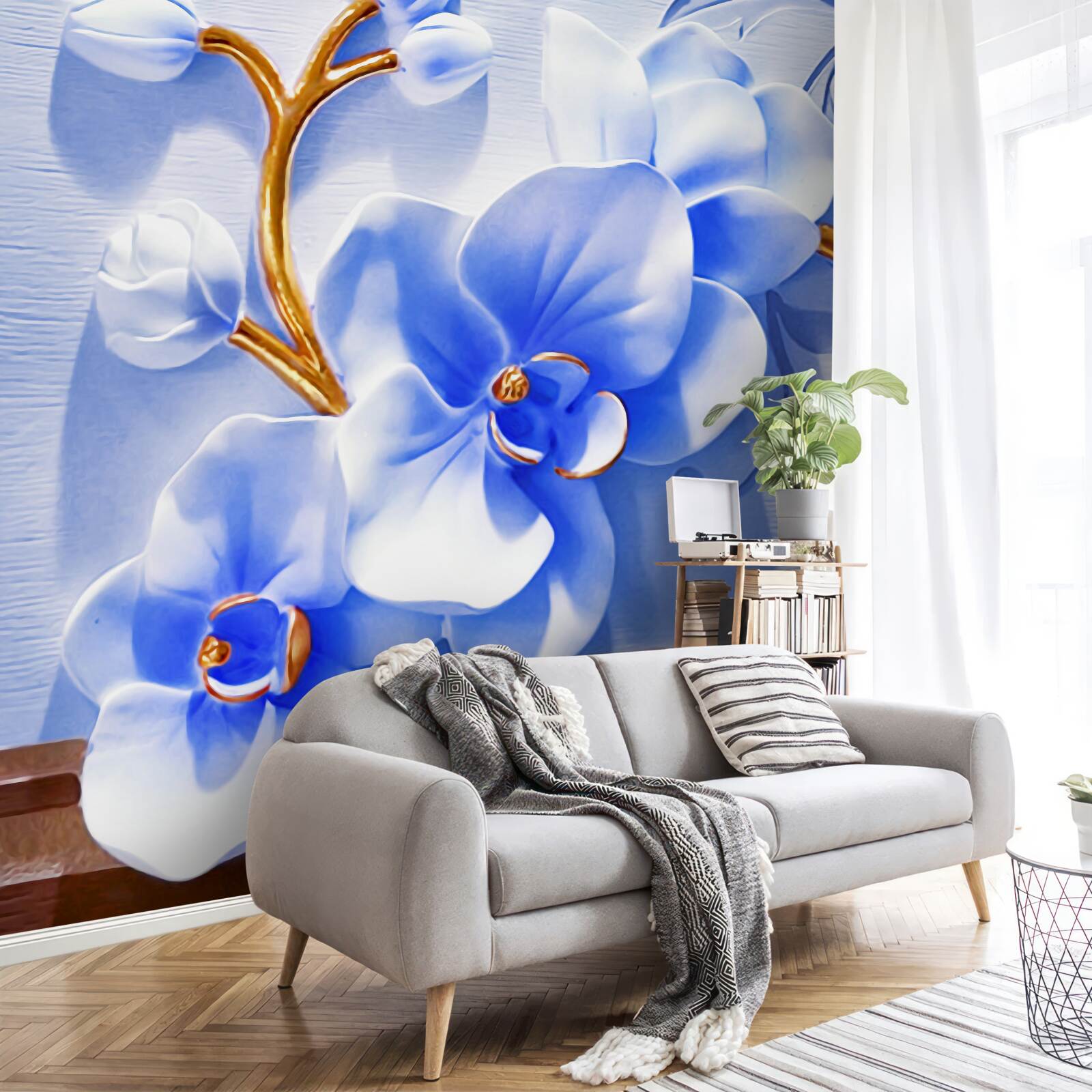 Fotobehang orchidee in hemelse kleur op takken versierd met goud