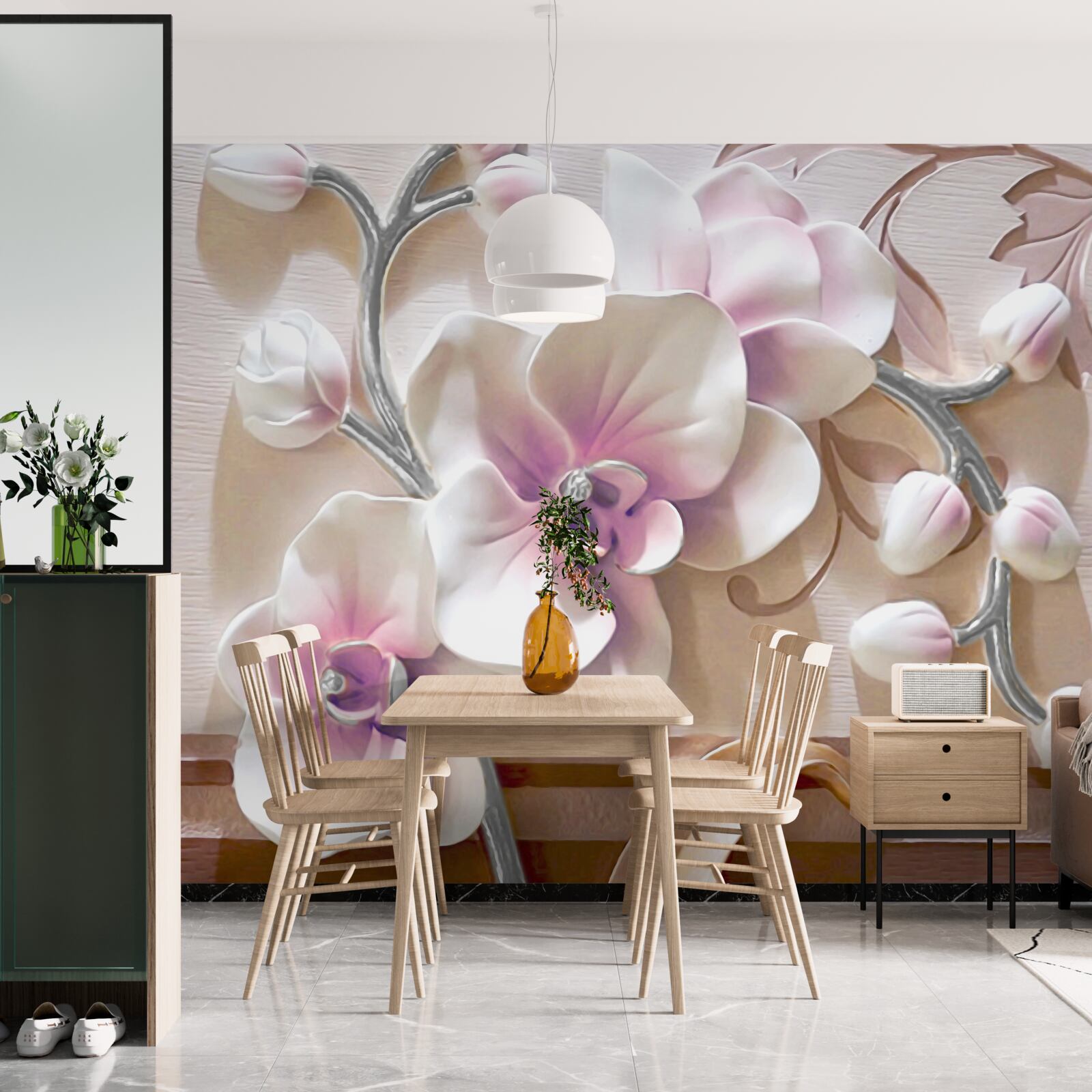 Fotobehang orchidee in witte weelderige knoppen