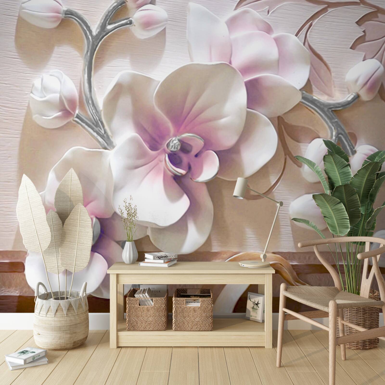 Fotobehang orchidee in witte weelderige knoppen