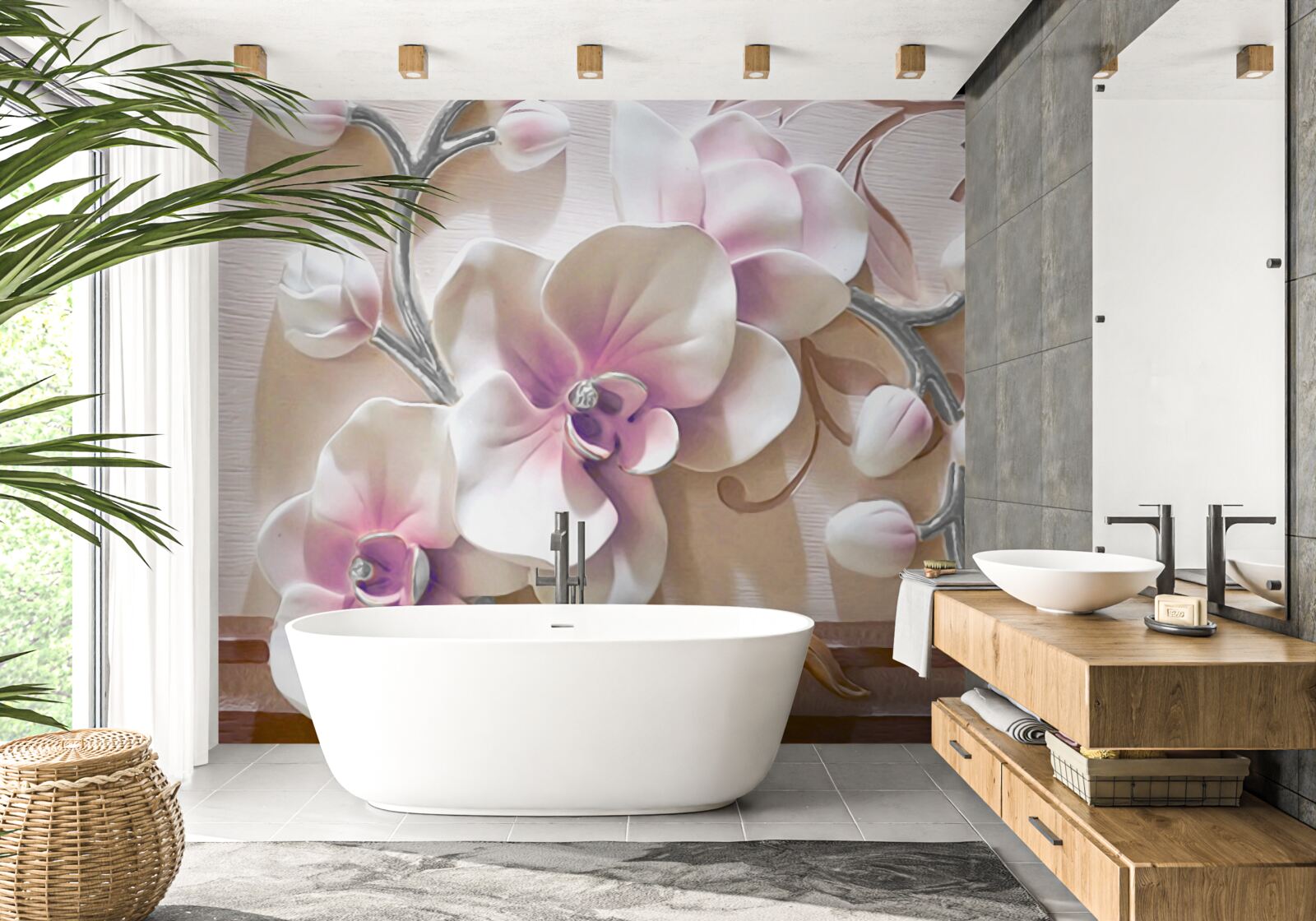 Fotobehang orchidee in witte weelderige knoppen