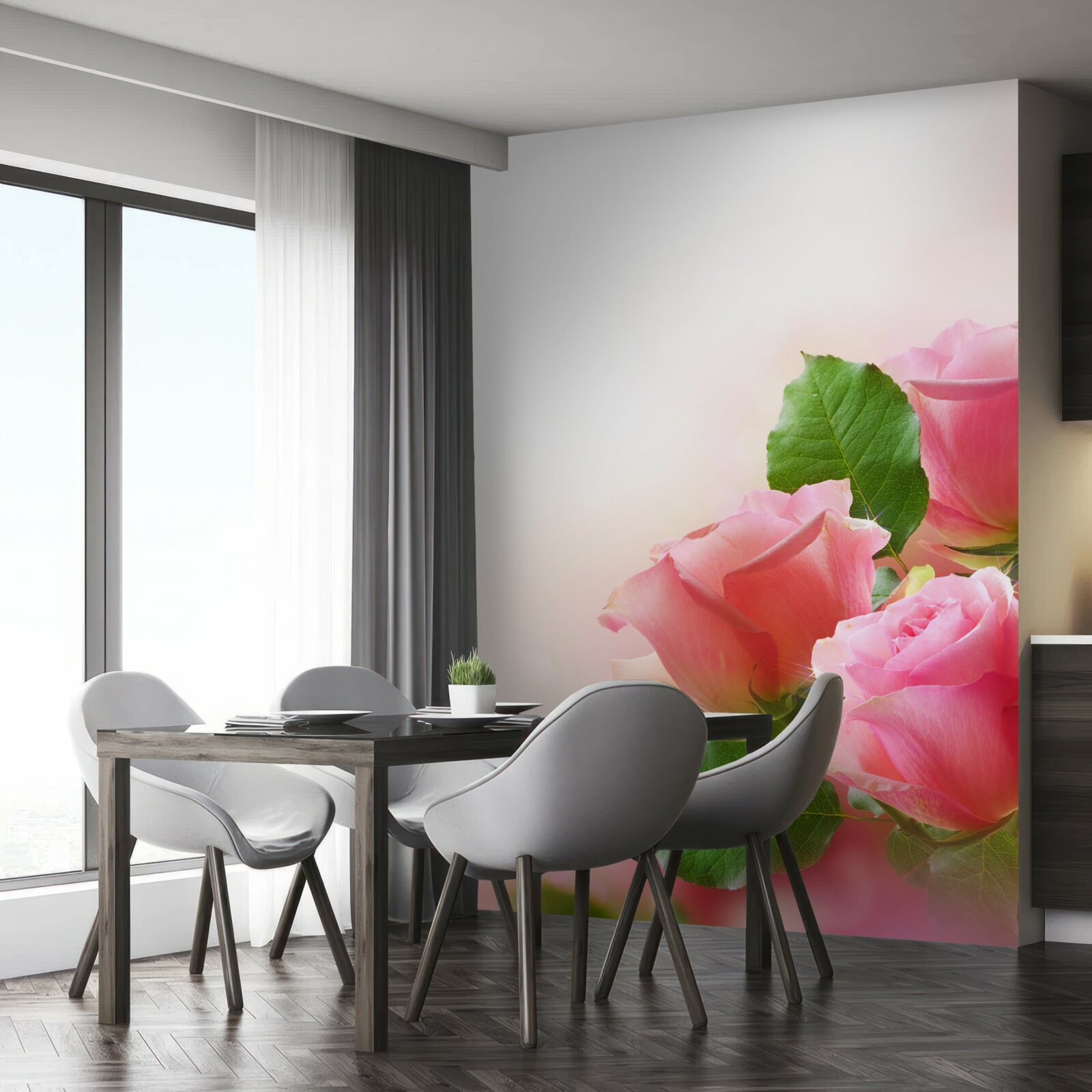 Fotobehang zachte karmozijnrode rozen met groene bladeren