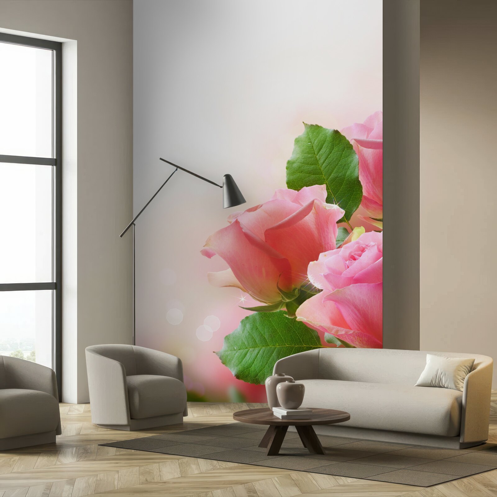 Fotobehang zachte karmozijnrode rozen met groene bladeren