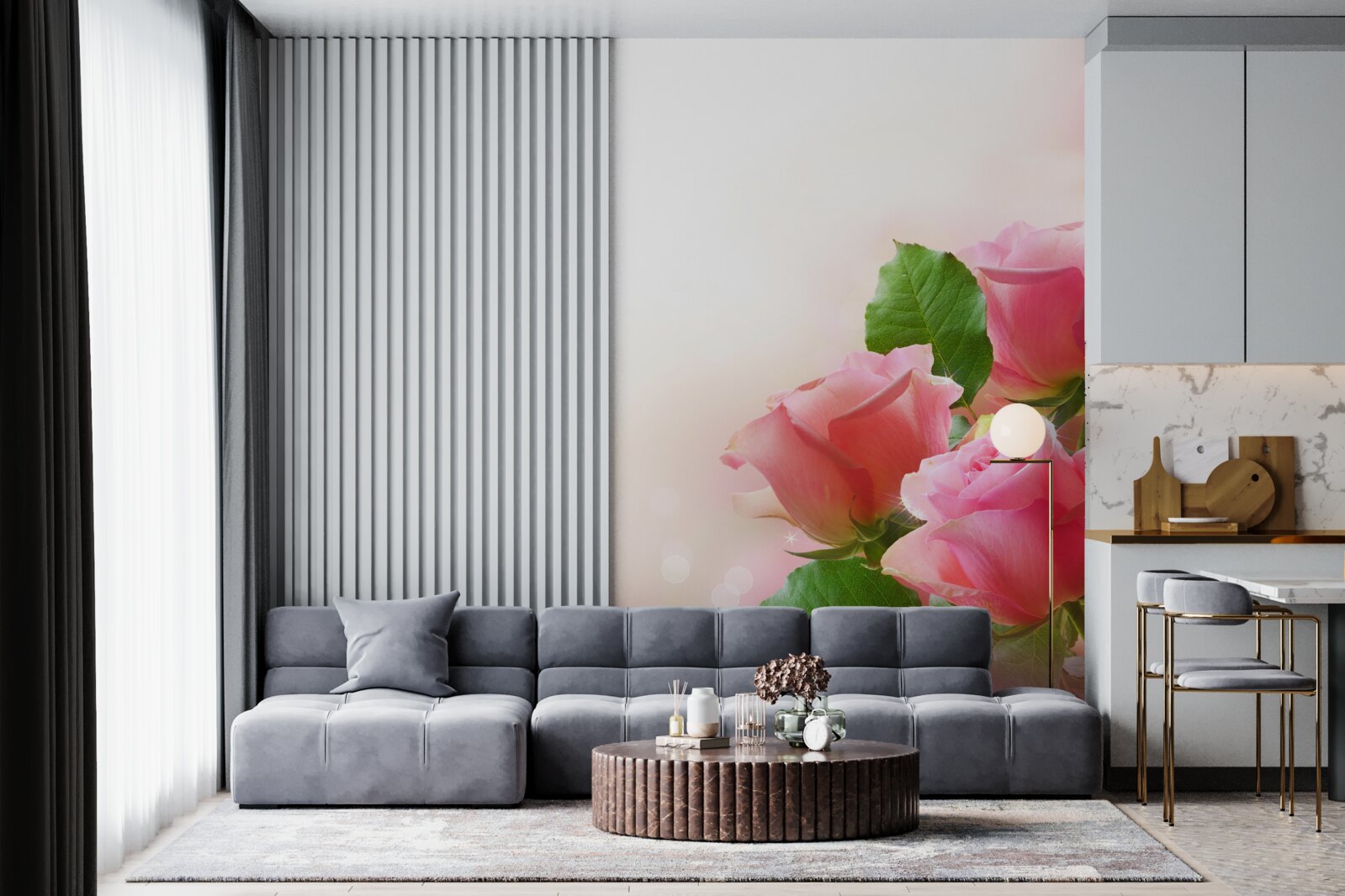 Fotobehang zachte karmozijnrode rozen met groene bladeren