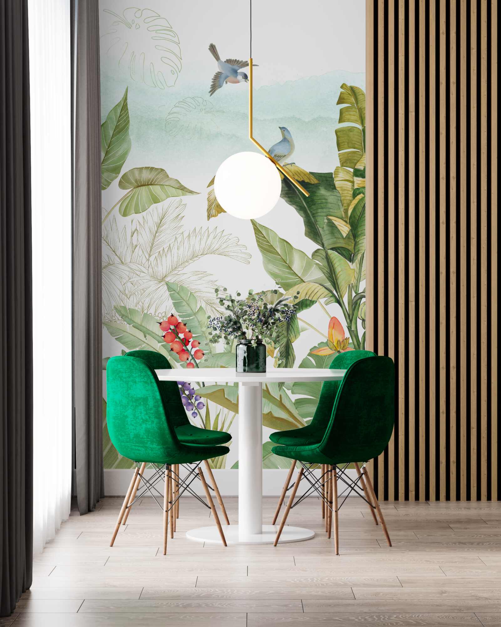 Fotobehang vogels rusten graag op tropische bladeren