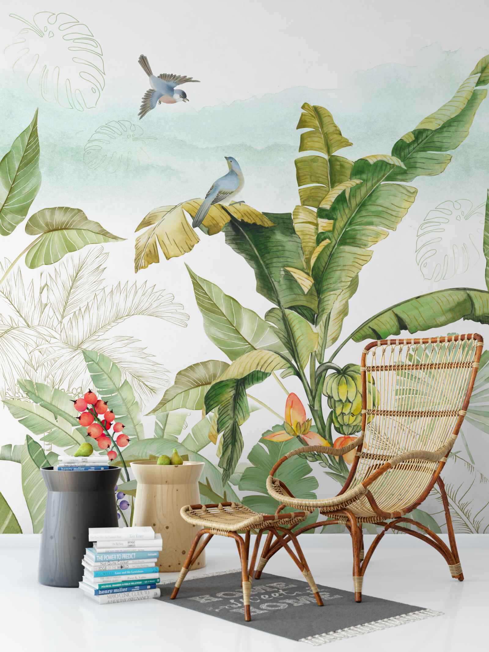 Fotobehang vogels rusten graag op tropische bladeren