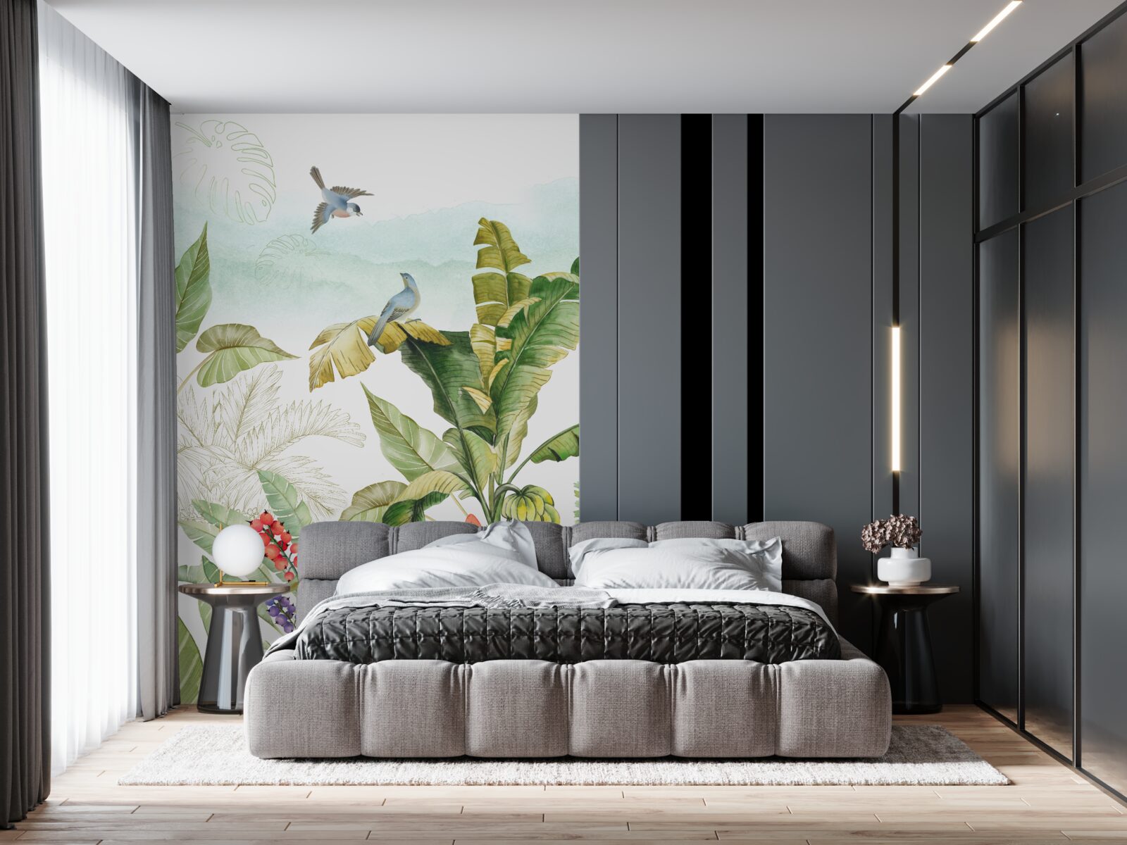 Fotobehang vogels rusten graag op tropische bladeren