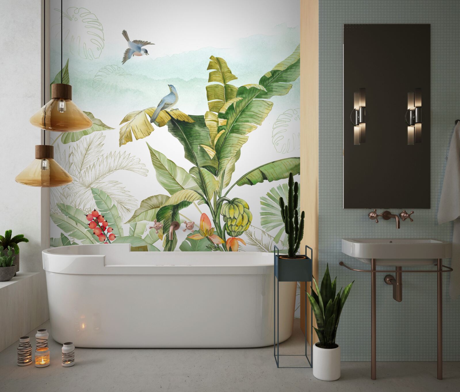 Fotobehang vogels rusten graag op tropische bladeren