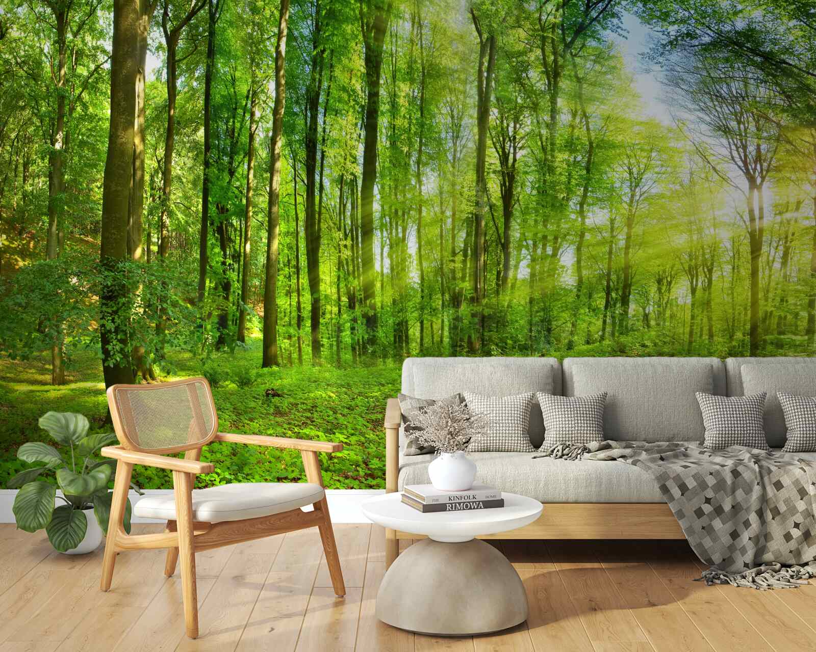 Fotobehang Dageraad in een bos waar groene bladeren heersen