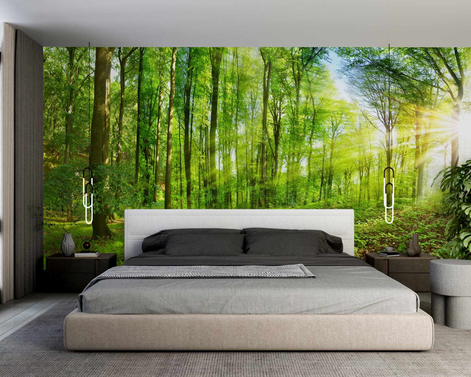 Fotobehang Dageraad in een bos waar groene bladeren heersen